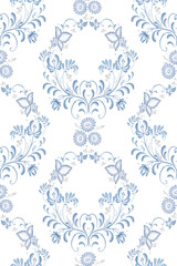 Blue flowers and leaves, floral wreath on seamless pattern. Ornament in Russian style isolated on white background. Watercolor digital illustration. Folk traditional Slavic floral motif.