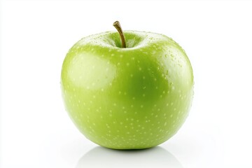 Green apple with water droplets isolated on white background. Fresh and hydrating organic fruit