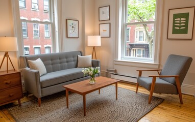 Cozy living room featuring a couch, chair, table, and lamp for comfortable relaxation.