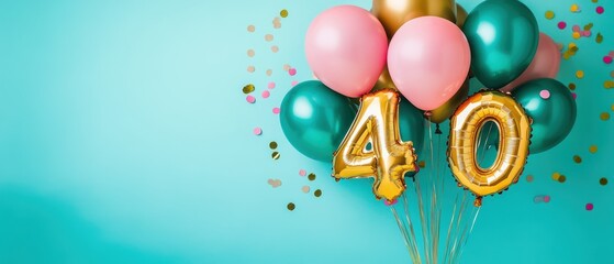 Fortieth birthday celebration with colorful balloons, gold number 40, confetti, festive party atmosphere, milestone event, joyful moments, blue backdrop.