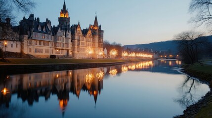 Fototapeta premium A stately castle reflects in a calm river at twilight. Warm lights illuminate the buildings