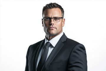 Serious businessman in suit and glasses looking confidently at camera. Corporate leadership