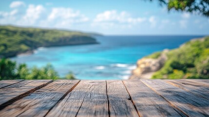 Wood table with turquoise ocean view blurred background in summer. Ideal for product display or vacation themed designs and advertisements.