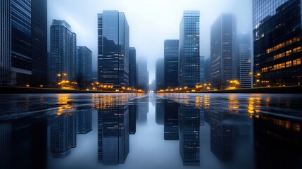 Obraz premium Foggy cityscape with modern skyscrapers and street lights reflecting on wet pavement. Concept of urban development, business, and technology