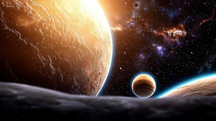 Obraz premium Cosmic Panorama Planets Nebula Space Exploration Galaxy Background