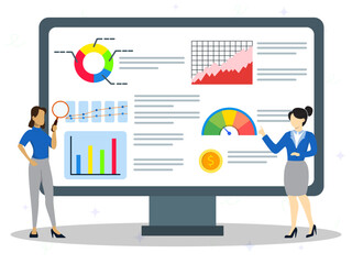 Data analytics concept. Business data representing on flat style with large monitor with tabs displaying graphs, chats, and a group of business woman explaining at them. 