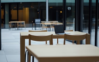 A room features two tables, two chairs, and a laptop on one of the tables.