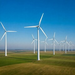 Fototapeta premium The image shows a wind farm with several large white wind turbines spread across a green, rolling landscape under a clear blue sky, symbolizing renewable energy.