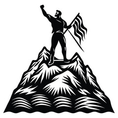 Flag Raised at the Mountain Peak, Victorious Mountaineer Triumphantly Unfurls Flag on Mountain Peak Summit