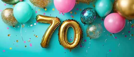 Colorful party balloons and gold 70 celebration decoration for milestone birthday, festive event, party theme, joyful atmosphere, festive decorations, celebration.