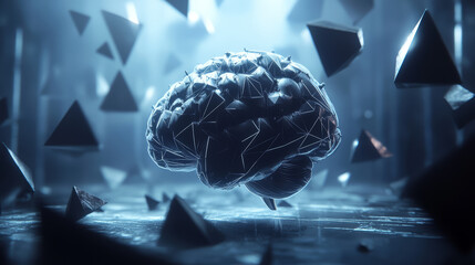 conceptual digital brain is surrounded by floating polygons and geometric shapes, creating futuristic atmosphere