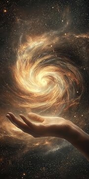 A luminous white hand gracefully hovers in the dark while casting a swirling, radiant golden galaxy into its palm space