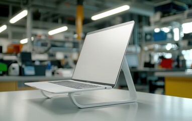 Naklejka premium A laptop rests on a desk within a factory setting, showcasing a blend of technology and industry.