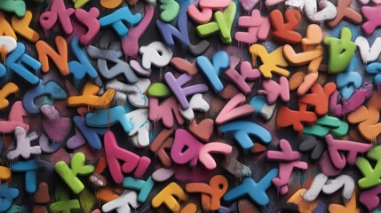 Abstract colorful letters in various sizes and colors, creating a vibrant textured surface