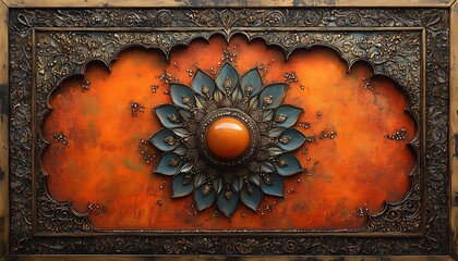 Ornate Floral Wall Panel with Gold Accents and Orange Gemstone