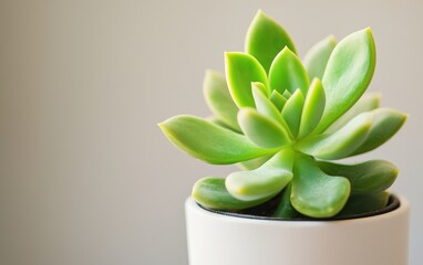 Fototapeta premium A small green plant grows in a simple white pot, adding a touch of nature indoors.