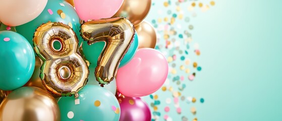 Colorful birthday party balloons, festive decorations, gold number 87, celebration vibe, anniversary, joy, party planning, vibrant background, confetti.