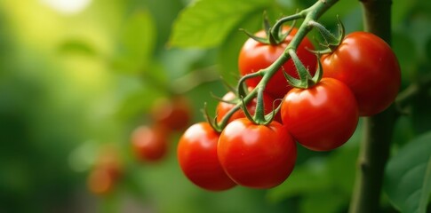 Abundant clusters of plump red tomatoes ready for picking , plant, tomato harvest, cultivation