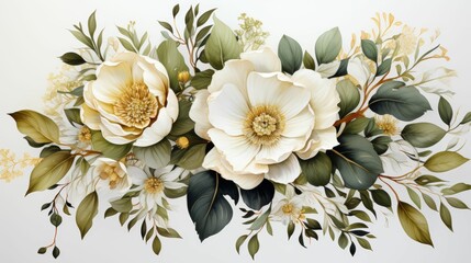 A white flower arrangement with green leaves