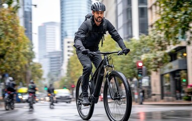 Obraz premium A man cycles down a rainy street, showcasing resilience against the weather.