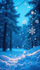 Deep blue winter scene, glittering snowflakes overlay , peaceful, snowflakes, sparkling
