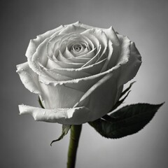 A pure white rose in a monochrome setting with soft shadows.