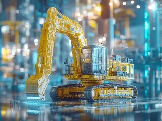 A detailed model of a yellow excavator, showcasing intricate design and mechanical features, set against a blurred industrial background.