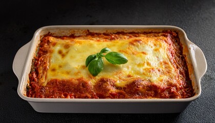 delicious homemade lasagna in a baking dish with a dark background