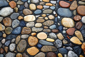 Smooth, wet river rocks fill the frame in varying earthy tones. Great for backgrounds, textures, or designs needing natural elements.