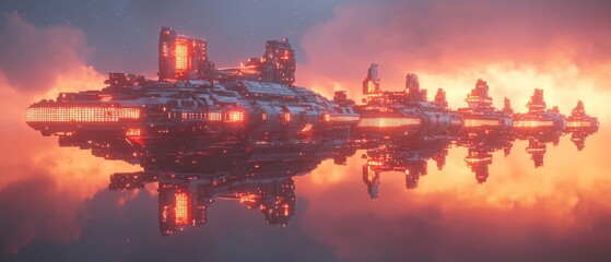 Fototapeta premium A futuristic, glowing cityscape is reflected in calm waters beneath a vibrant sunset, creating a surreal and captivating atmosphere.