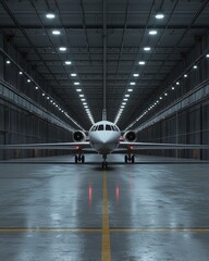 A sleek aircraft is positioned in a spacious hangar, illuminated by overhead lights, showcasing a modern aviation environment.
