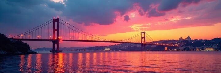 Obraz premium Majestic Bosphorus suspension bridge at sunset, travel, drone