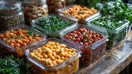 Obraz premium Healthy meal prep containers with various vegetables, legumes, and nuts.