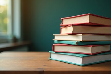 Neatly stacked textbooks and notebooks on a wooden desk , table, books