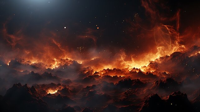 Fiery Celestial Landscape: A Burning Nebula Over Volcanic Mountains