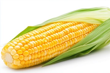 Fresh ear of corn with green husk isolated on white background. Organic farming, agriculture, and food production concept.