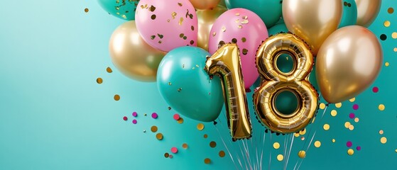 Colorful birthday balloons, vibrant teal backdrop, golden number 18, party celebration, festive decorations, milestone moments, joy, laughter, special occasion.