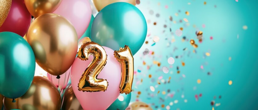 Colorful birthday balloons with confetti and gold number 21, festive celebration decor, party theme, milestones, joyful moments, special occasions, vibrant atmosphere.