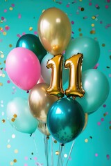 Colorful birthday balloons in shades of teal, pink, and gold, decorated with confetti, celebrating a special occasion, perfect for 11th birthday party imagery.