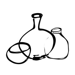 Hand Drawn Line Art Drawing of Vintage Boho Glass and Bottle Composition. Trendy Minimalist Vector Illustration. Cup Linear Abstract Drawing in Minimalist Contour Style for Bohemian Design