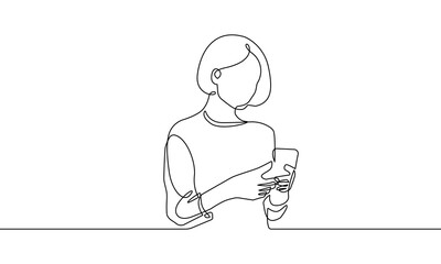 Woman with Smartphone Continuous One Line Drawing. Female with Gadget in Hands Simple Linear Style. Communication Process in Editable Stroke. Doodle Contour Vector Illustration