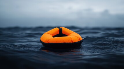 Obraz premium Bright orange life buoy floating in dark ocean waters