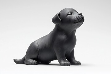 Black dog sculpture in sitting position with upward gaze on neutral background. Minimalist artistic decor. Home interior styling