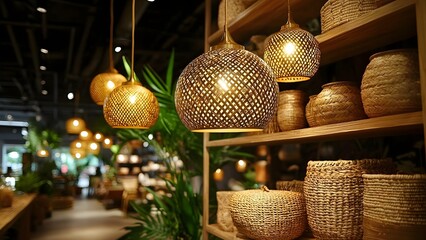 Obraz premium A cozy interior display featuring woven pendant lights and decorative baskets against a backdrop of lush greenery. Concept Cozy Interior Decor, Woven Pendant Lights, Decorative Baskets
