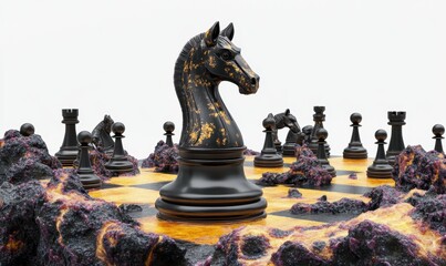 Black knight chess piece on volcanic chessboard, strategy game