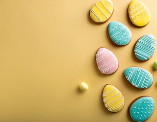 Fototapeta premium Easter background. Top view of Easter egg cookies glazed in pastel colors on pale yellow background. Generated image