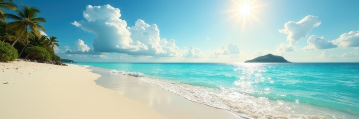 Sun-drenched sand, turquoise water, distant island silhouette , sky, clear water, caribbean