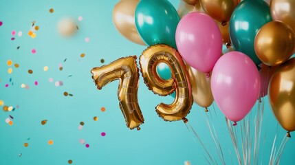 Colorful balloons with shiny gold 79 birthday numerals, vibrant confetti backdrop, festive celebration theme, party atmosphere, birthday party decor, joyful moments.
