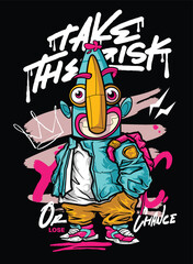 A bold and edgy graffiti-style vector artwork featuring a streetwear-inspired character. The hand-drawn details, vibrant color palette, and modern urban aesthetic make it perfect for T-shirt designs, 