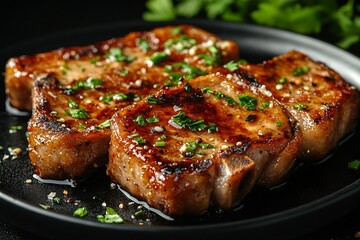 Juicy Grilled Pork Chops with Herbs and Spices Close up Food Photography